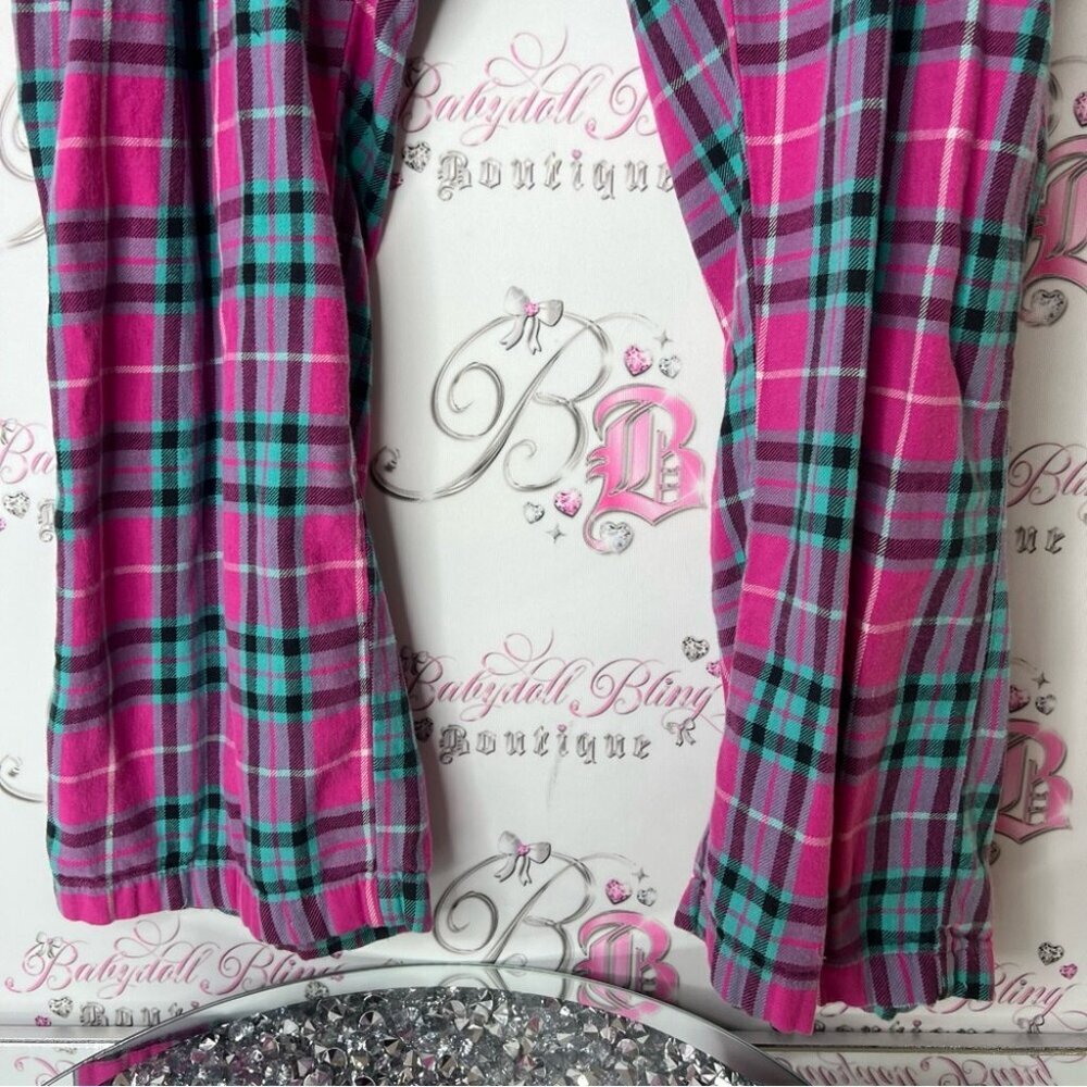 Disney tinkerbell trouble pants Plaid Pajamas Pink and blue tie up waist strings - Picture 4 of 7